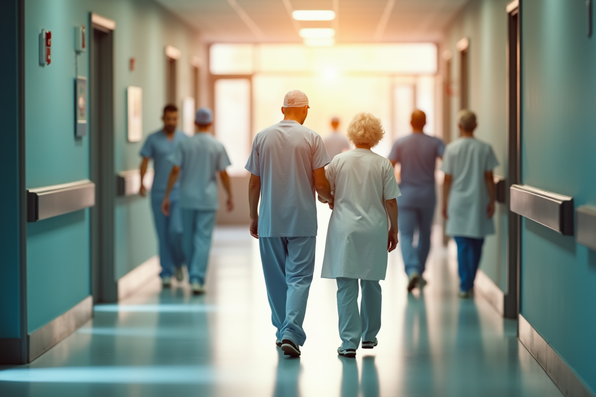Infirmière aidant un patient âgé dans un couloir d