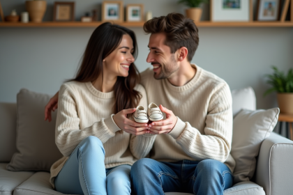 Jeune couple avec chaussures de b&eacute;b&eacute; dans un salon chaleureux