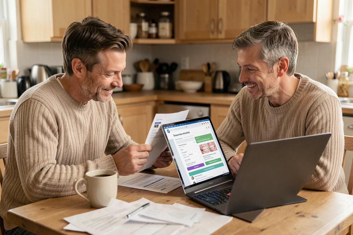 Couple comparant les prix et abonnements dentaires The Smilist sur ordinateur portable à la maison