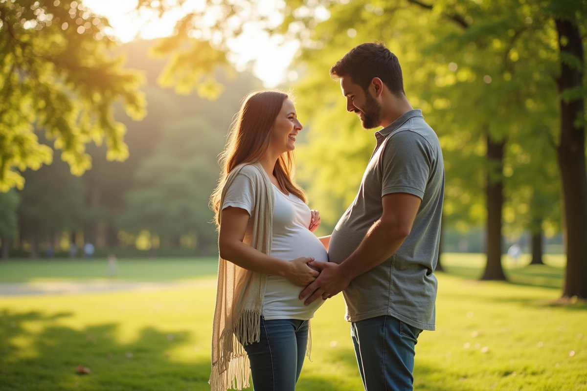 Couple heureux dans un parc avec femme enceinte