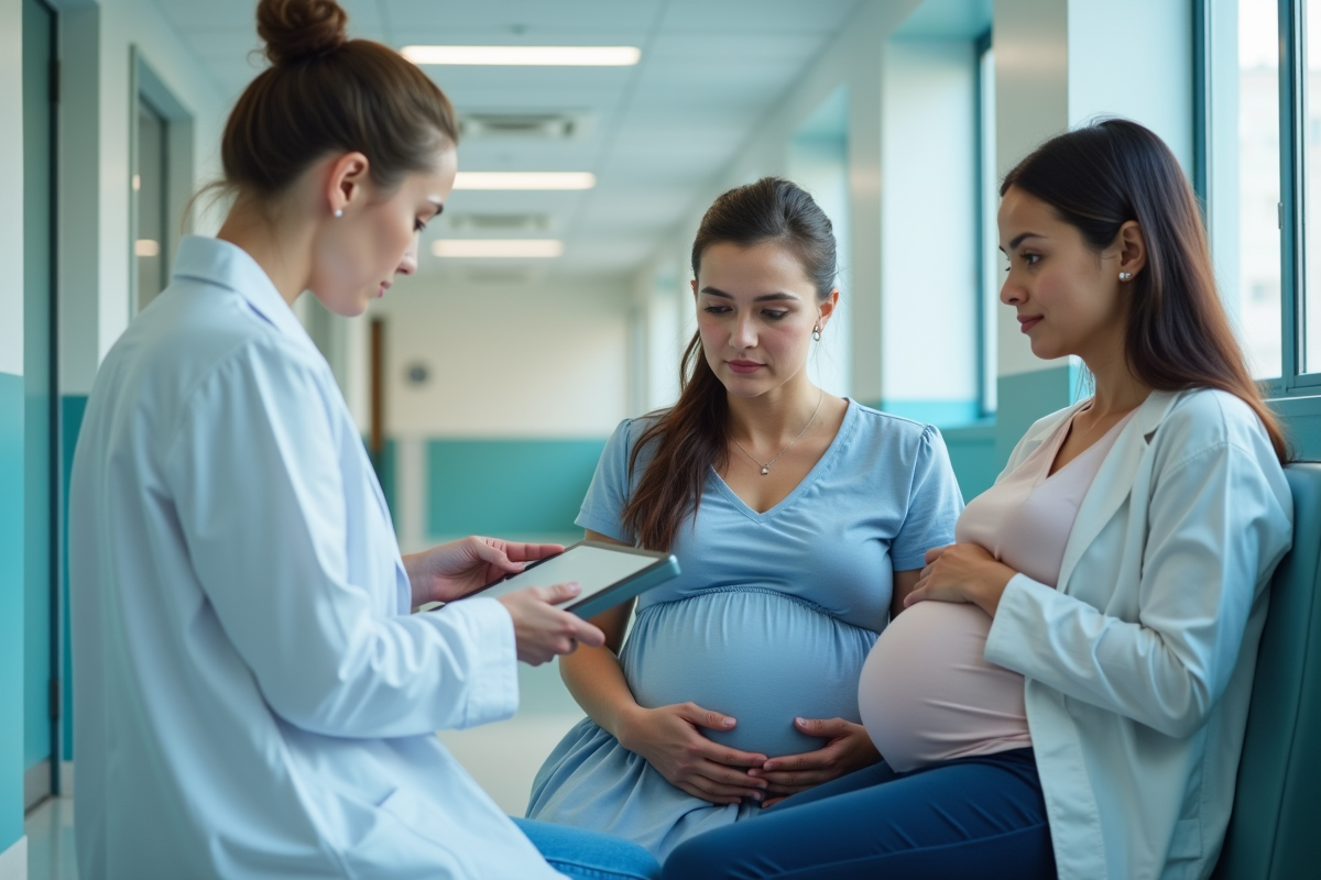 Couple enceinte avec médecin dans un couloir d