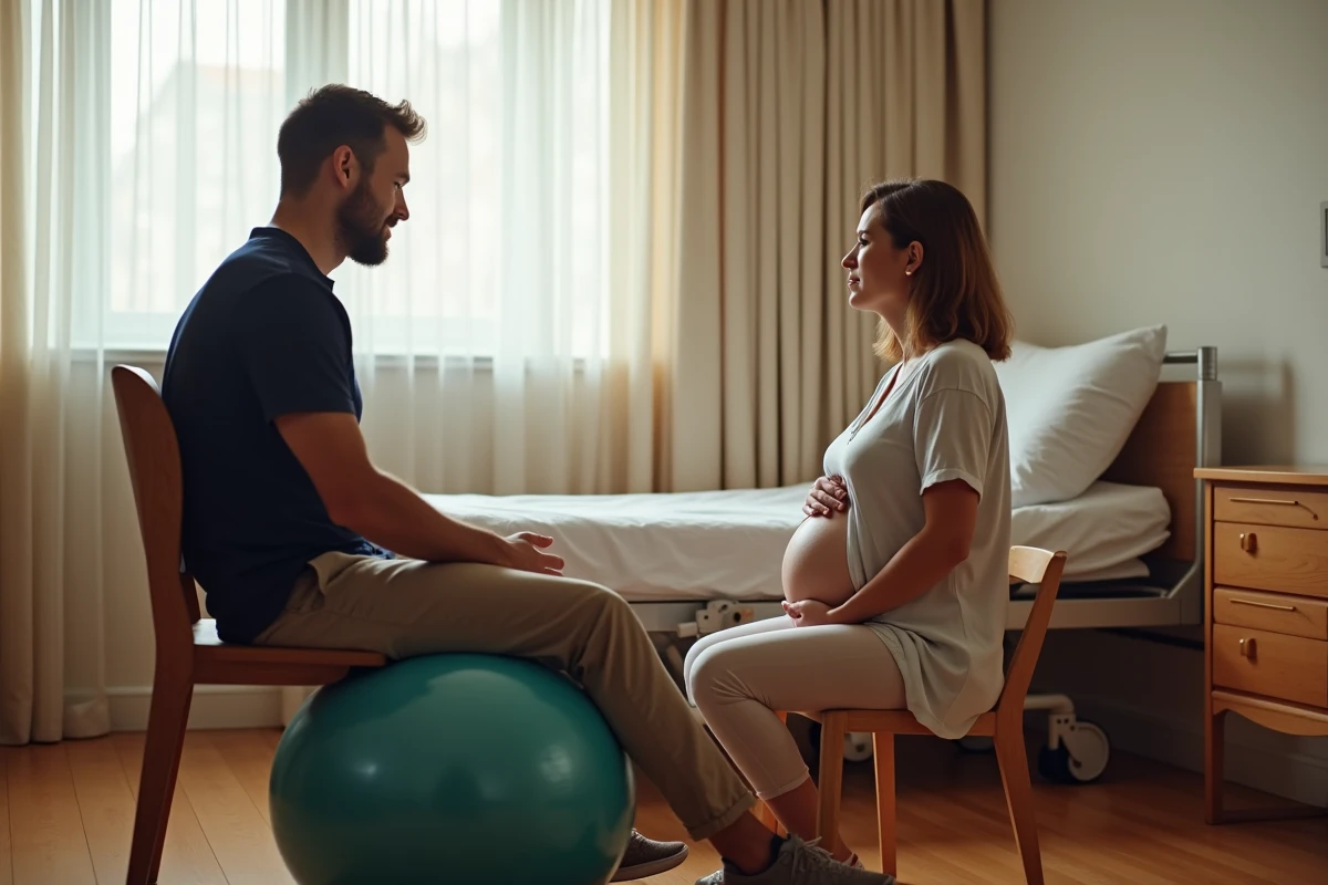 Couple en salle de naissance, femme enceinte sur ballon de naissance pendant la phase de dilatation du col avec soutien du partenaire