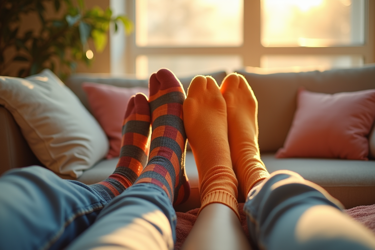 Couple relaxant sur un canapé avec chaussettes colorées
