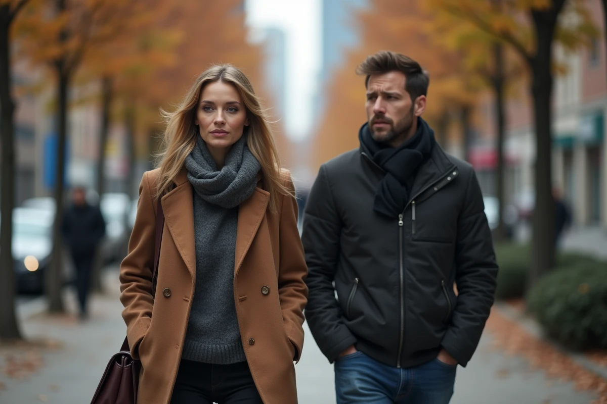 Couple en tension dans la rue illustrant la dynamique de manipulation d'une perverse narcissique