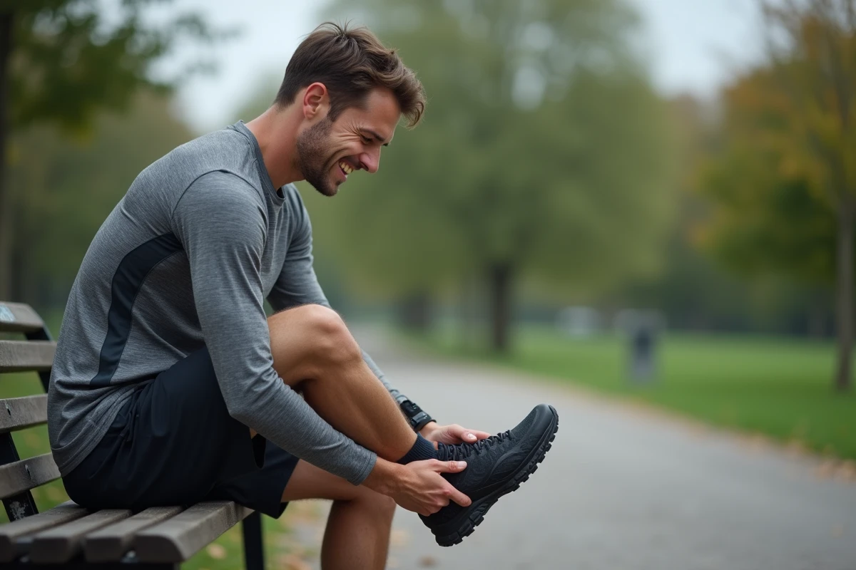 Coureur assis sur un banc de parc retirant sa chaussure et touchant le bord externe de son pied gauche après une douleur latérale lors d'un jogging