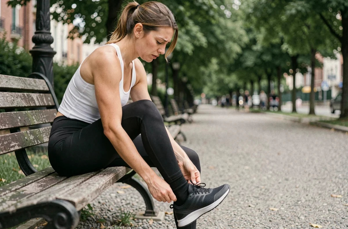Coureuse inspectant le côté extérieur de son pied gauche après un jogging dans un parc
