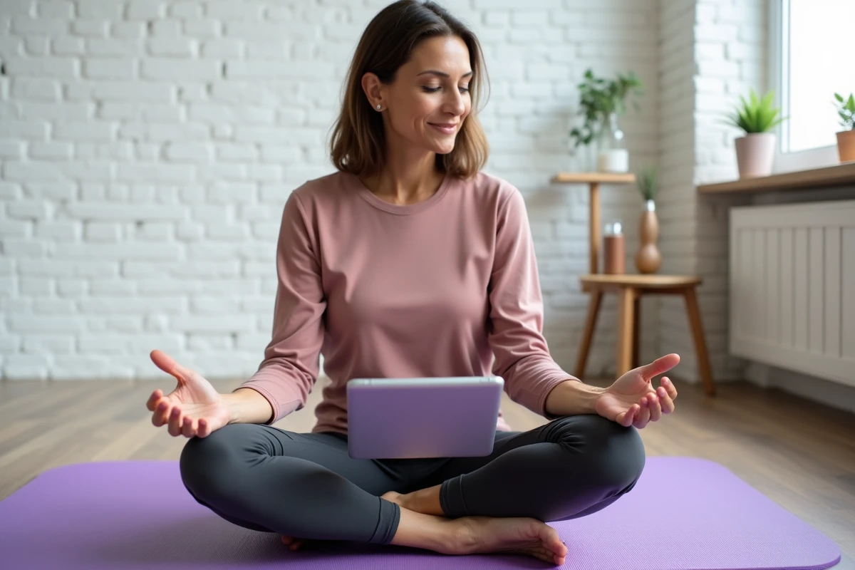 Femme d'une quarantaine d'années suivant un cours de pilates sur tablette dans un espace fitness à domicile