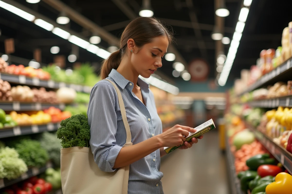 Femme lisant une étiquette nutritionnelle au supermarché lors de ses courses régime API