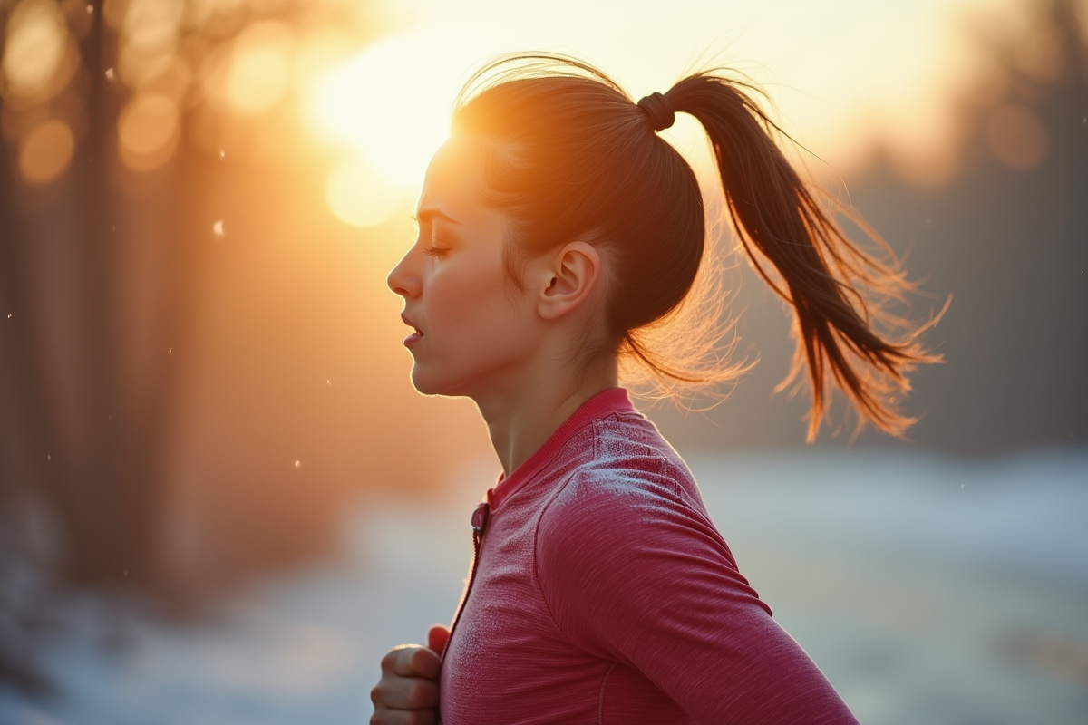 Coureur en extérieur par temps froid avec souffle visible et vêtements chauds