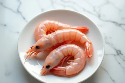 Crevettes roses crues sur une assiette blanche, texture et fraîcheur visibles, concept alimentation et grossesse