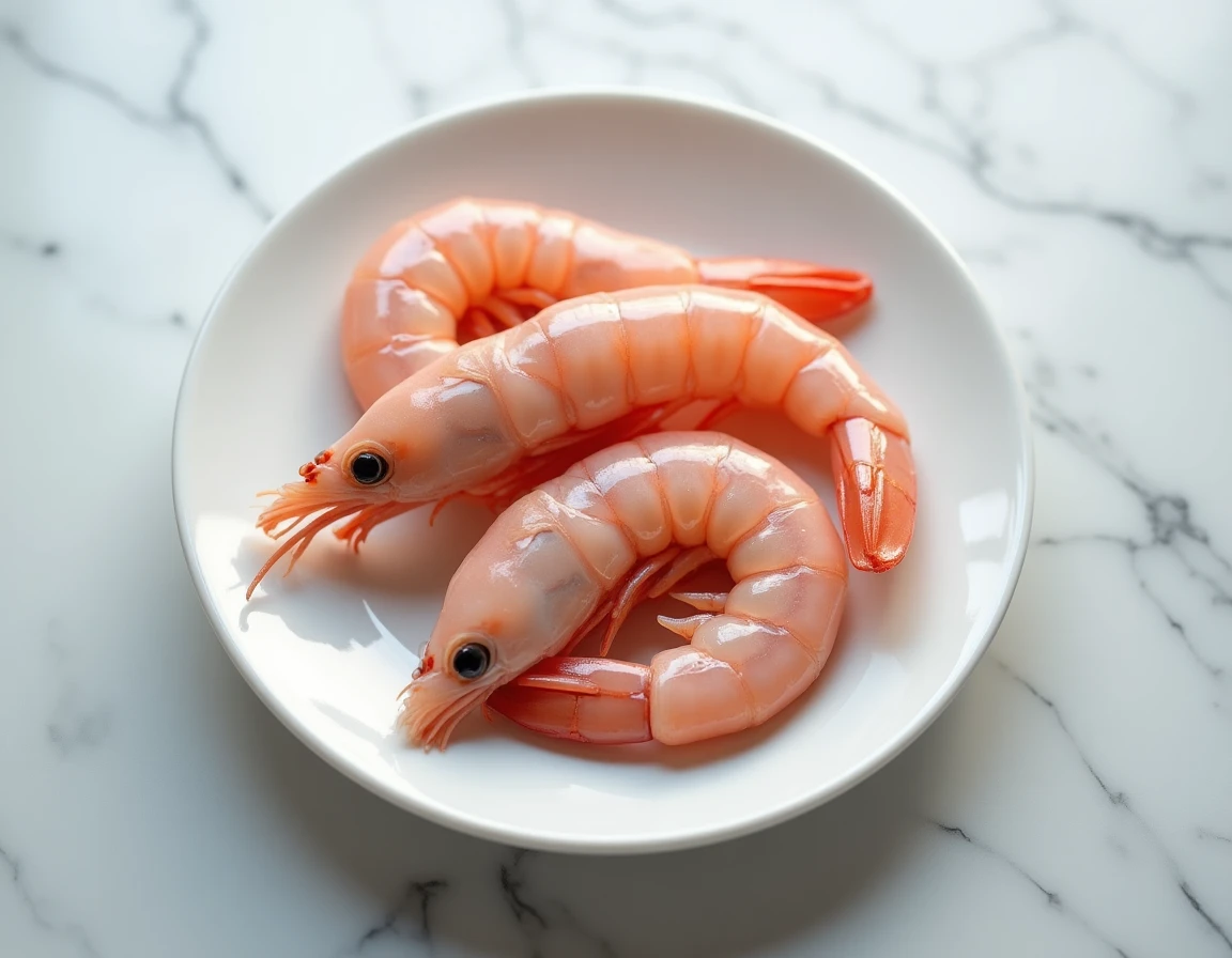 Crevettes roses crues sur une assiette blanche, texture et fraîcheur visibles, concept alimentation et grossesse