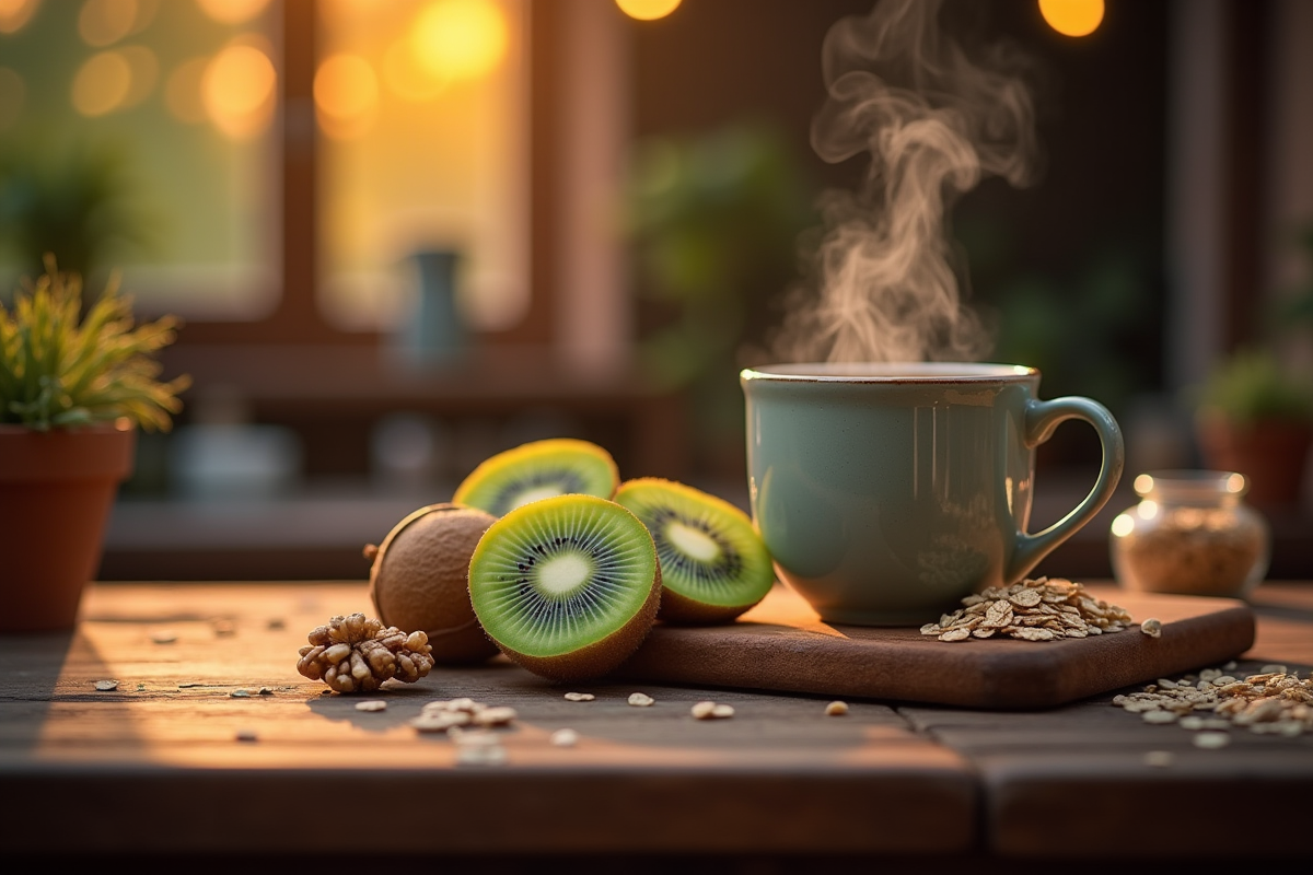 Cuisine rustique au crépuscule avec kiwi et thé chaud