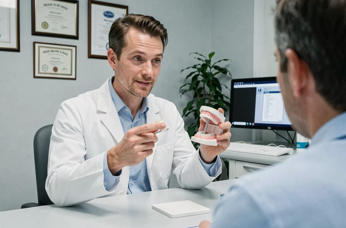 Dentiste expliquant les alternatives à l'implant dentaire à un patient lors d'une consultation