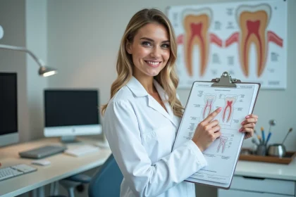 Jeune femme dentiste tenant un dossier dentaire dans un cabinet moderne