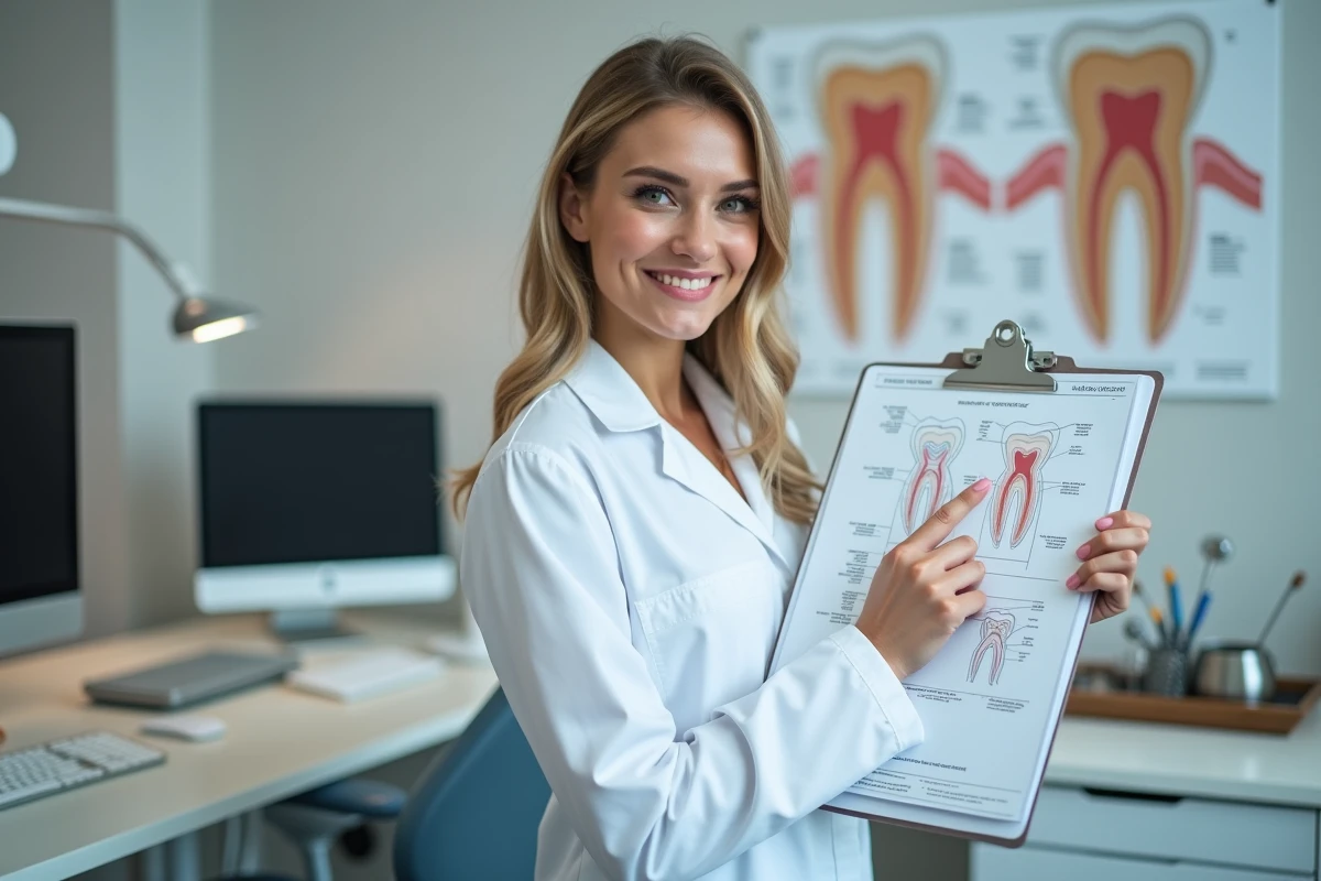 Jeune femme dentiste tenant un dossier dentaire dans un cabinet moderne