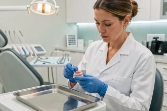 Dentiste examinant un modèle de prothèse en résine Capdentaire dans un cabinet dentaire moderne