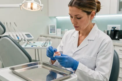 Dentiste examinant un modèle de prothèse en résine Capdentaire dans un cabinet dentaire moderne