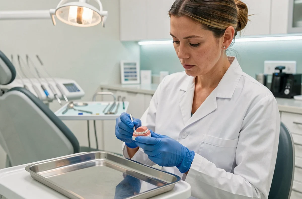 Dentiste examinant un modèle de prothèse en résine Capdentaire dans un cabinet dentaire moderne