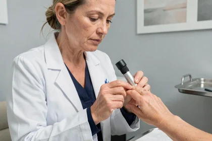 Dermatologue examinant une atteinte matricielle de l'ongle avec un dermatoscope en cabinet médical