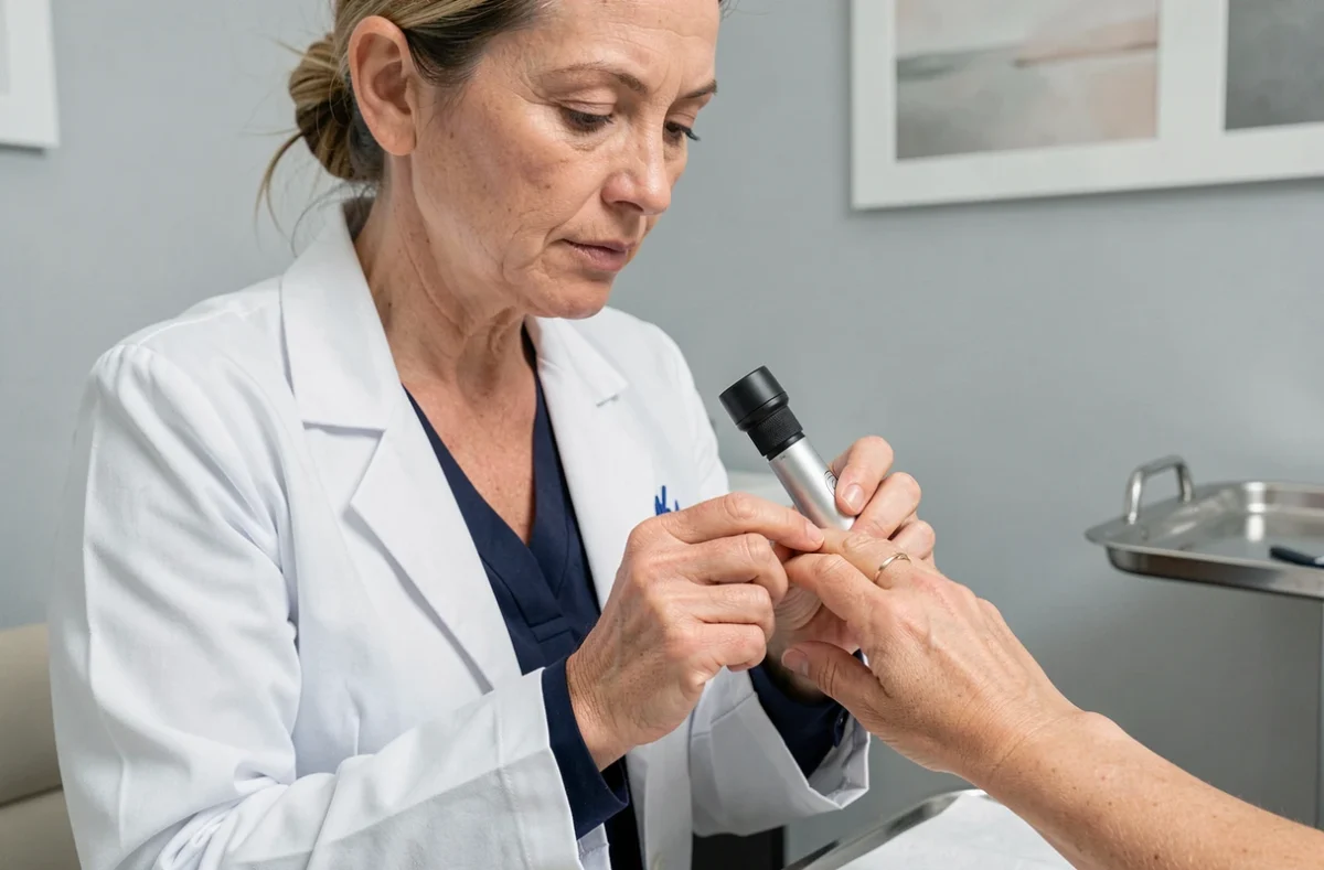 Dermatologue examinant une atteinte matricielle de l'ongle avec un dermatoscope en cabinet médical