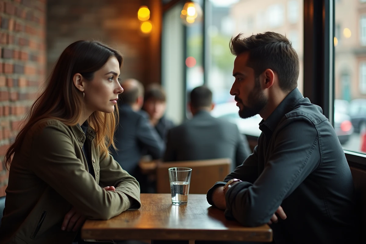 Deux personnes face à face dans un café avec un langage corporel fermé, représentant une relation difficile et la distance émotionnelle