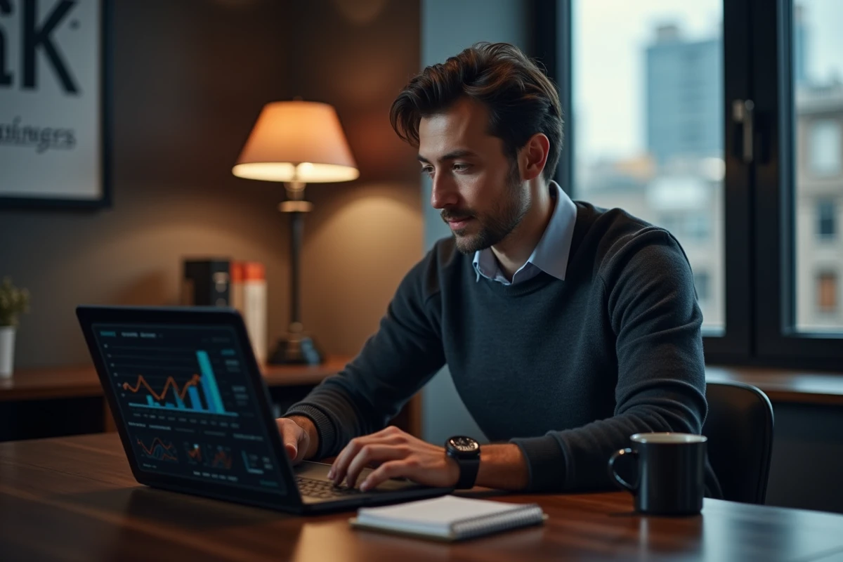Dirigeant de PME travaillant seul sur un logiciel de business intelligence dans son bureau privé
