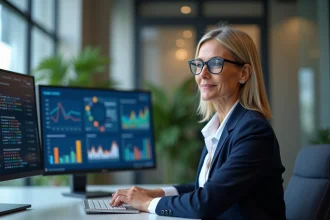 Dirigeante de PME analysant des tableaux de bord business intelligence sur un écran dans un bureau moderne