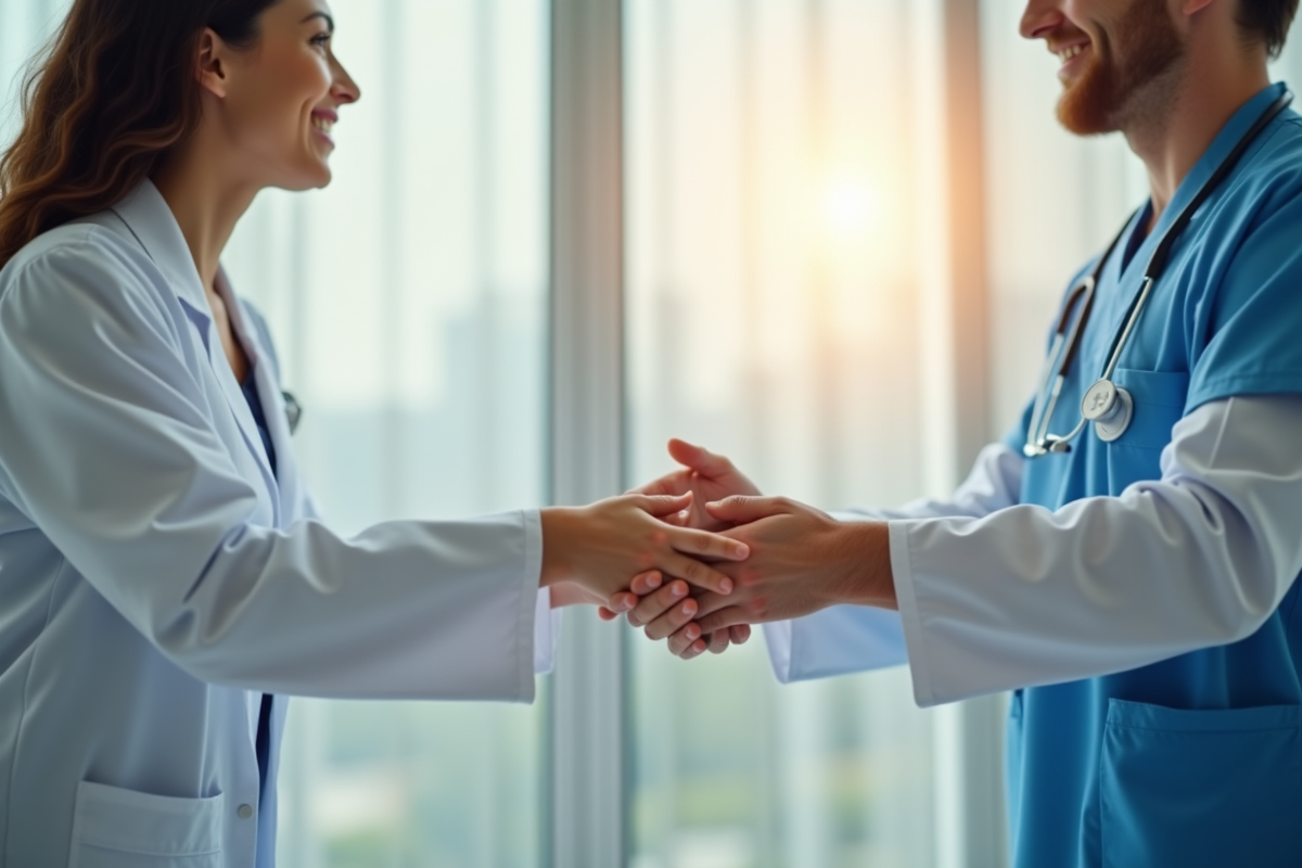 Médecin tenant la main d'un patient dans une salle lumineuse