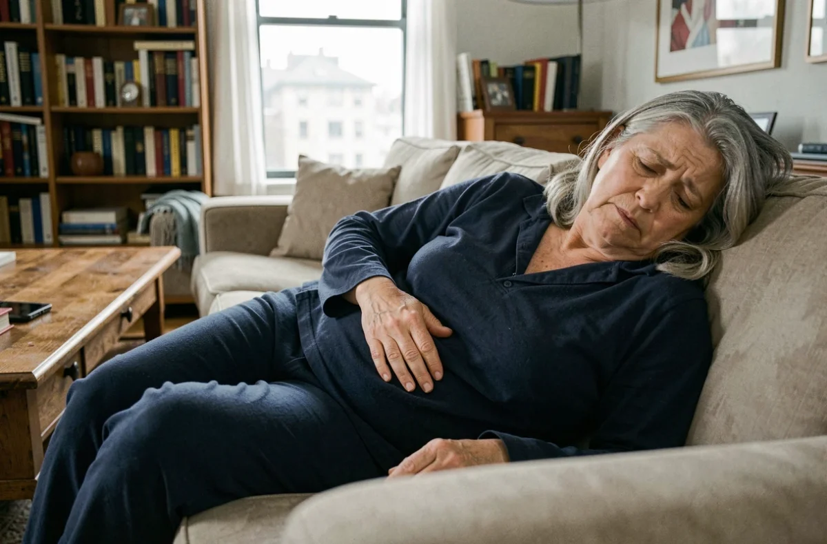 Femme allongée sur un canapé tenant son côté droit du ventre, illustrant une douleur abdominale chronique irradiante