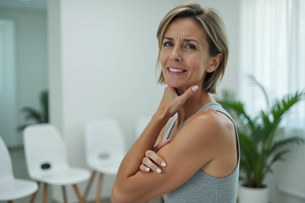 Femme touchant son bras gauche après une vaccination, assise dans une salle d'attente médicale