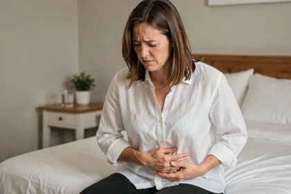 Femme tenant son côté droit du ventre assise sur un lit, exprimant une douleur abdominale irradiante