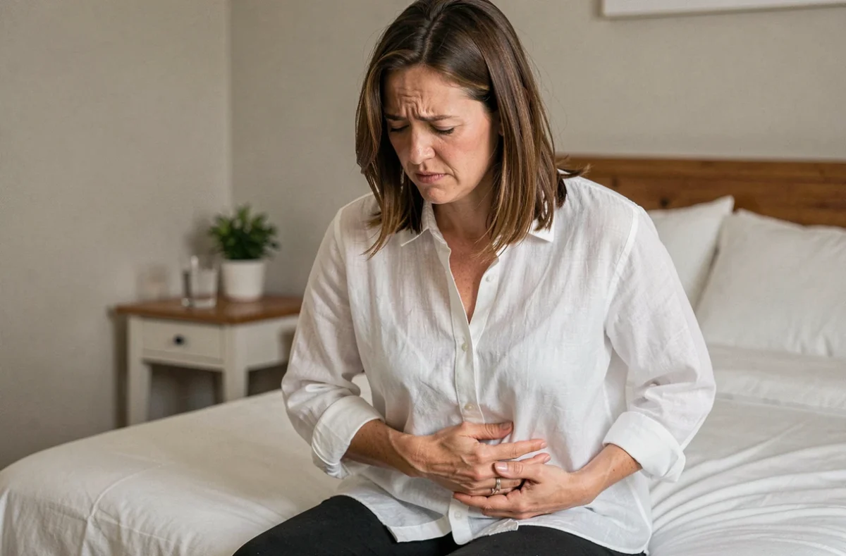 Femme tenant son côté droit du ventre assise sur un lit, exprimant une douleur abdominale irradiante