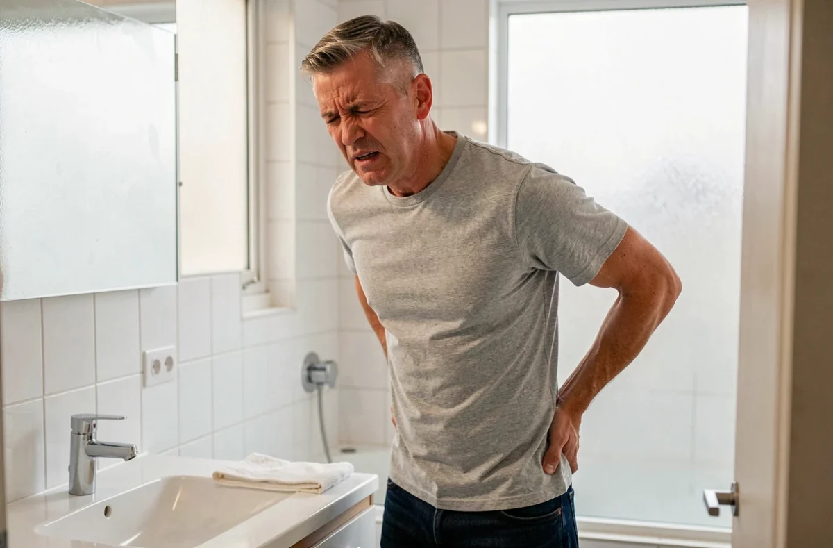 Homme exprimant une douleur irradiante côté droit du dos et de l'abdomen dans une salle de bain