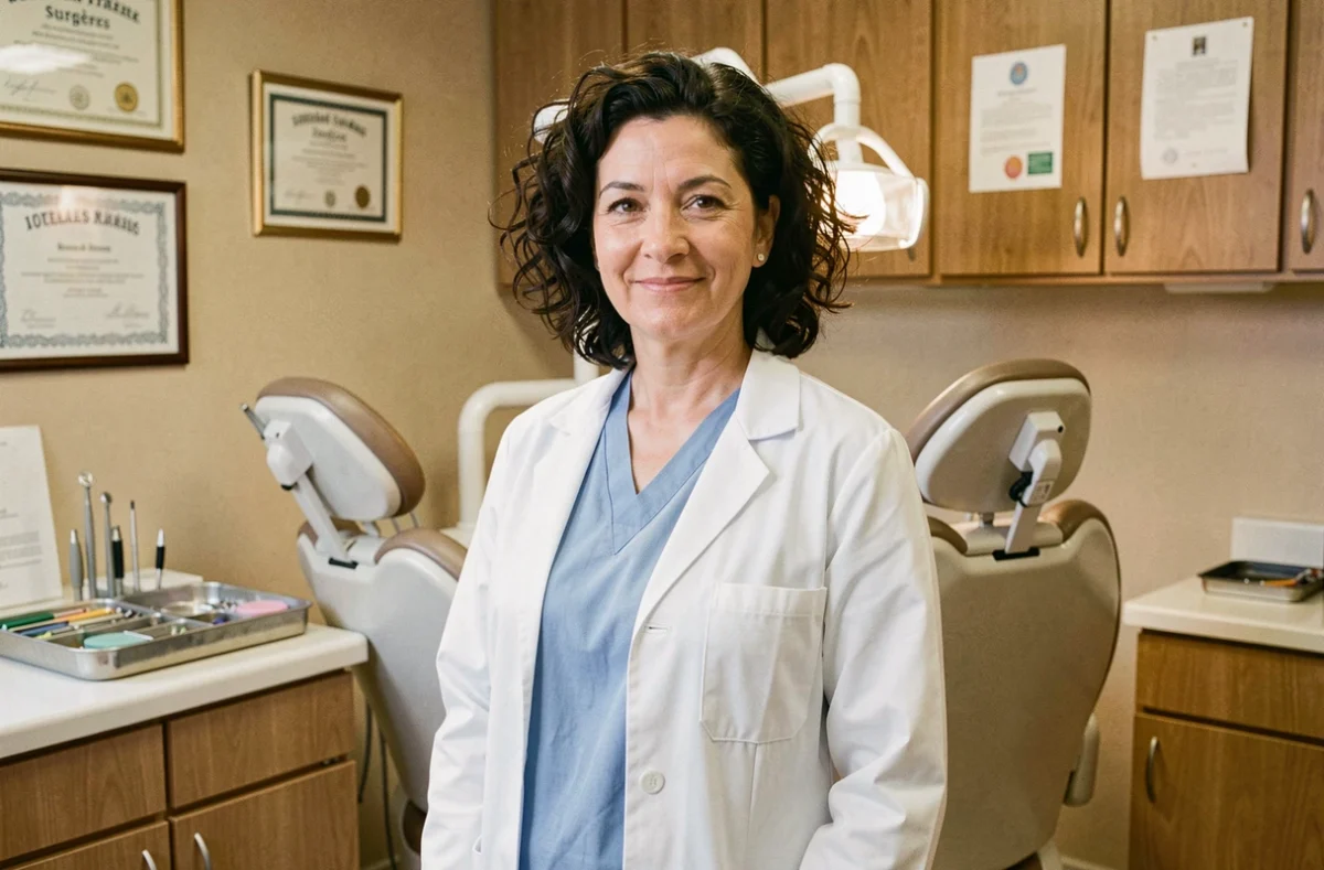 Dr Catherine Berger, orthodontiste à Surgères, souriante dans son cabinet de ville à l'atmosphère chaleureuse