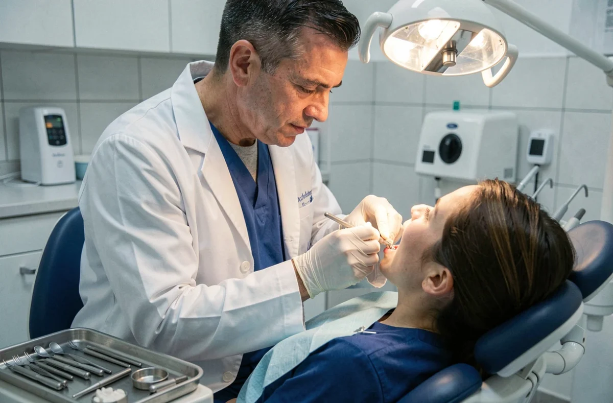 Dr Éric Aknin, orthodontiste à Rochefort, posant des bagues sur un patient dans son cabinet
