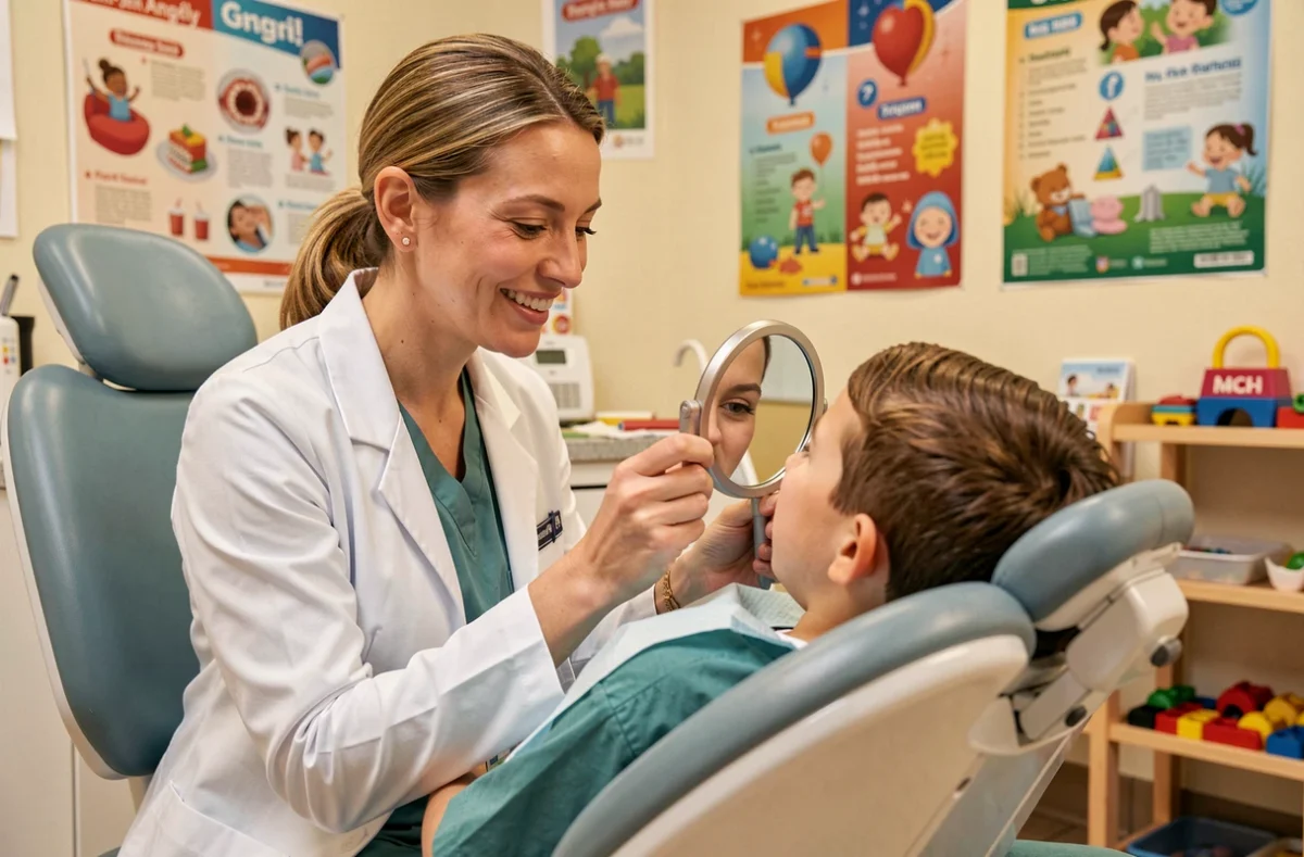 Dr Nathalie Fonteneau, orthodontiste à Saint-Jean-d'Angély, montrant un miroir à un jeune patient