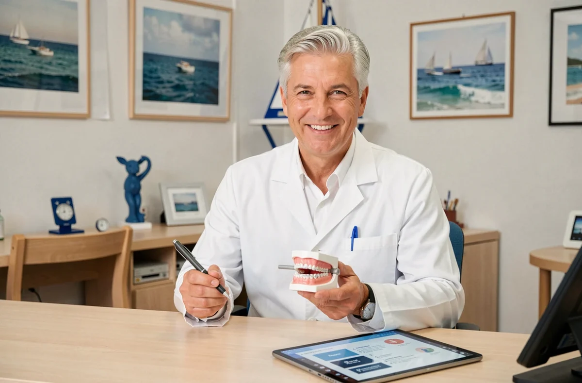 Dr Philippe Brethé, orthodontiste à Royan, en consultation avec modèle dentaire et tablette numérique