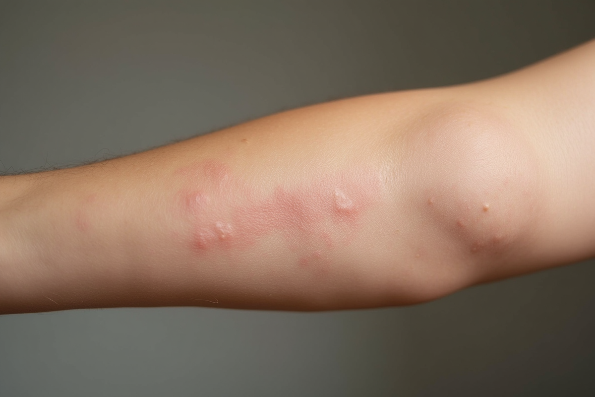Zoom sur un avant-bras avec eczéma léger et texture naturelle