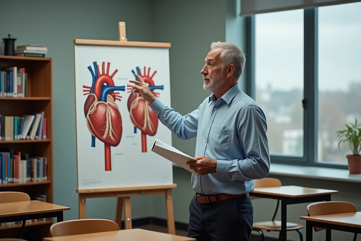 Enseignant en biologie expliquant le système cardiovasculaire humain devant un schéma anatomique pour illustrer le calcul du volume sanguin