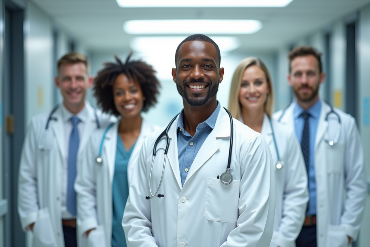 Groupe de professionnels médicaux en blanc dans un hôpital