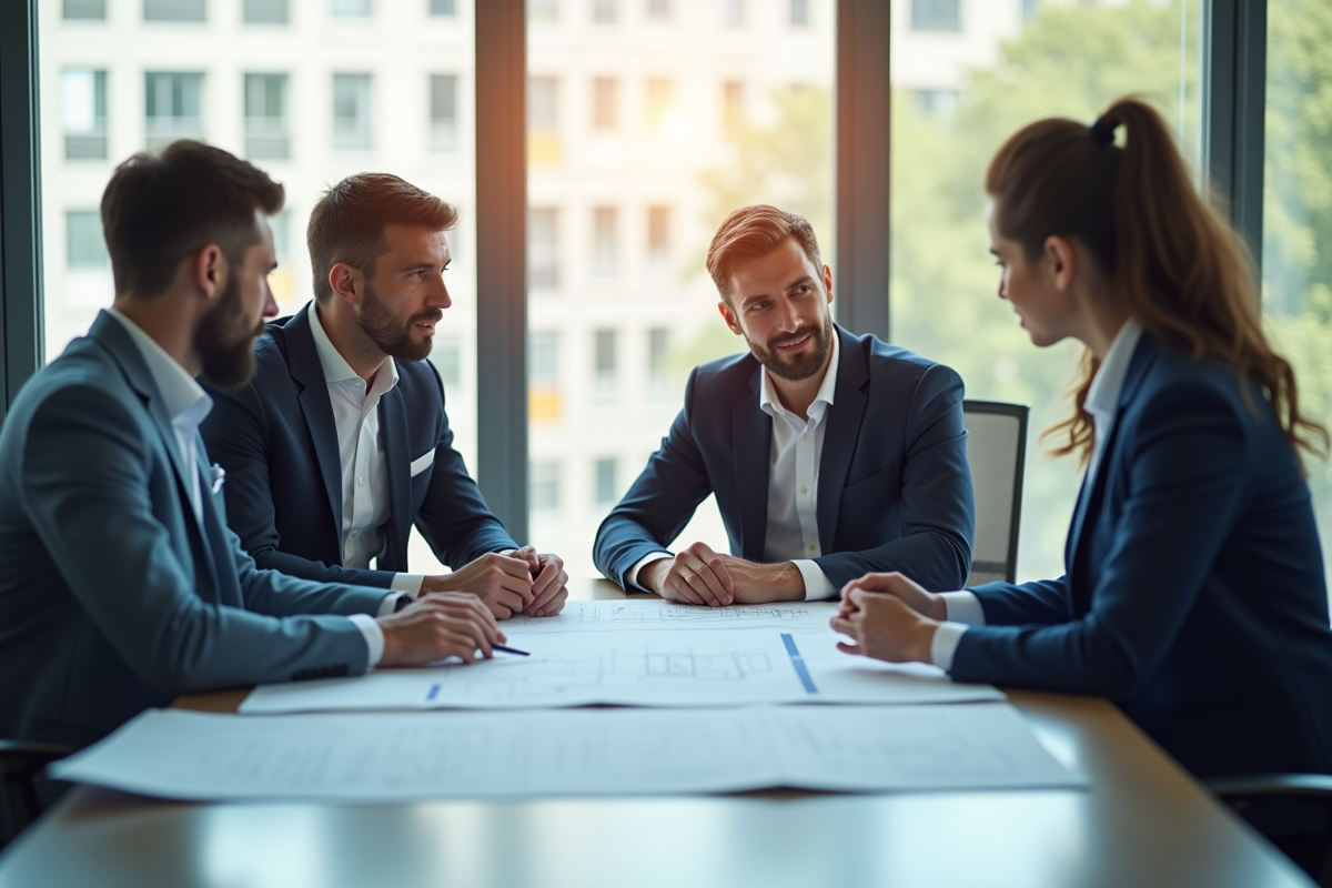 Équipe de professionnels de santé discutant plans architecturaux