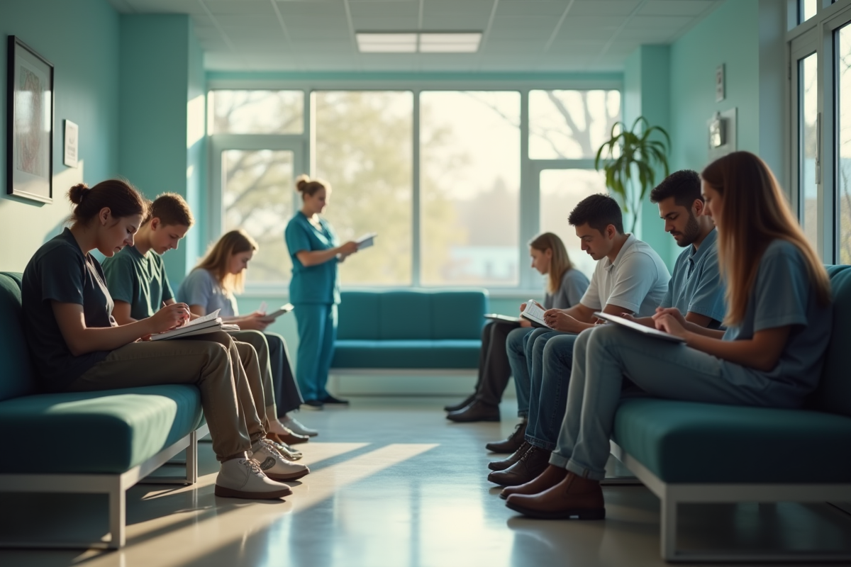 Salle d attente calme avec personnes lisant ou remplissant des formulaires