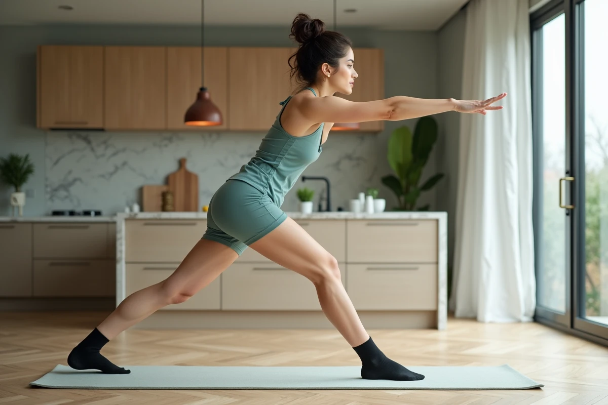 Jeune femme réalisant un exercice de pilates au sol dans une cuisine moderne avec application sportive sur smartphone