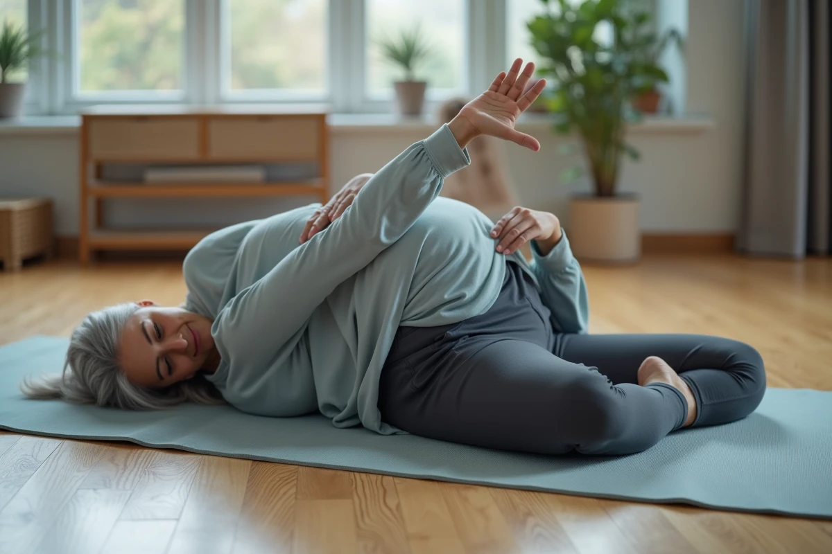 Femme pratiquant des exercices doux pour soulager les douleurs chroniques à domicile