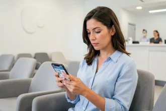 Femme consultant les tarifs et abonnements The Smilist sur son smartphone dans une salle d'attente dentaire moderne