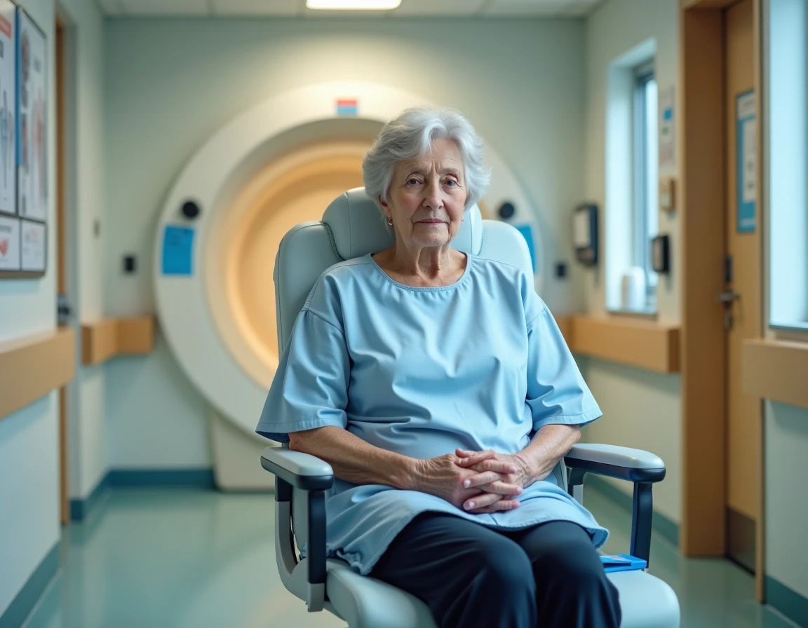 Femme &acirc;g&eacute;e assise dans un couloir de radiologie avant un examen IRM c&eacute;r&eacute;bral pour bilan de vieillissement c&eacute;r&eacute;bral