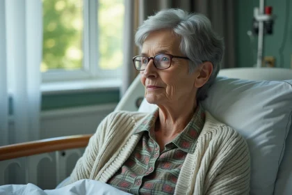 Femme agee contemplant dans une chambre d'hopital