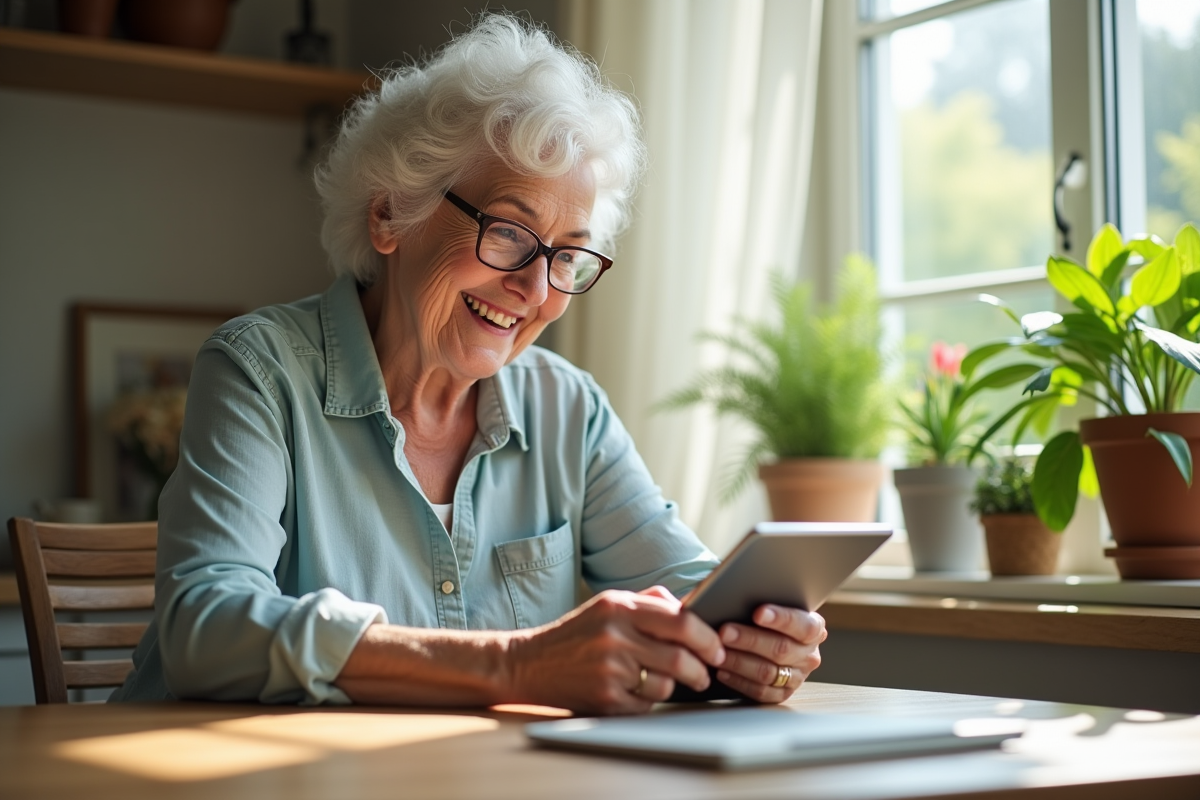 Femme agee souriante utilisant une tablette moderne à la cuisine