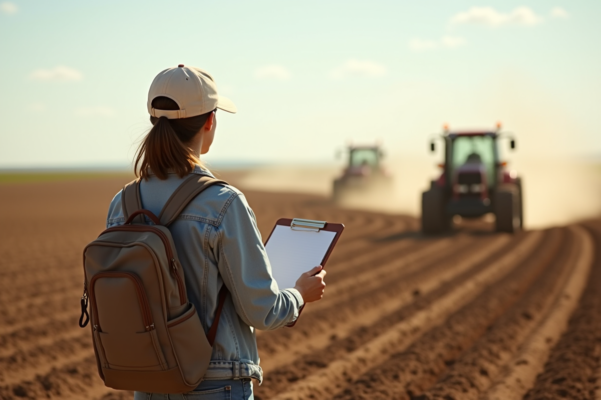 Jeune femme observant un champ avec des tracteurs en agriculture