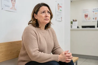 Femme anxieuse assise dans une salle d'attente de cabinet dentaire, cherchant une alternative à l'implant dentaire